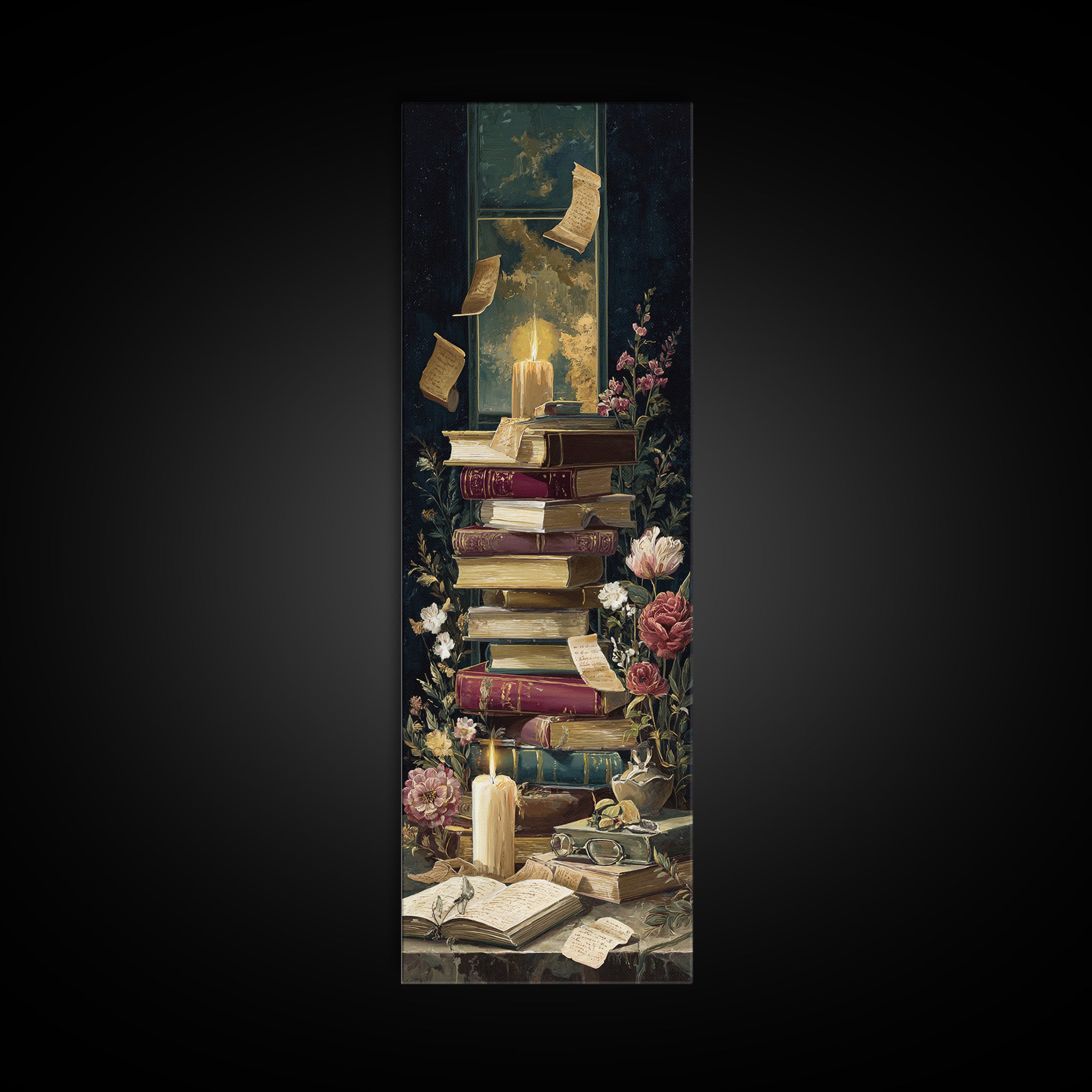 Moonlit Window with Floating Pages Framed Canvas Print, Library Art, Black Cat Art, Library Decor, Fine Art, Archive, LIB-1x3-92