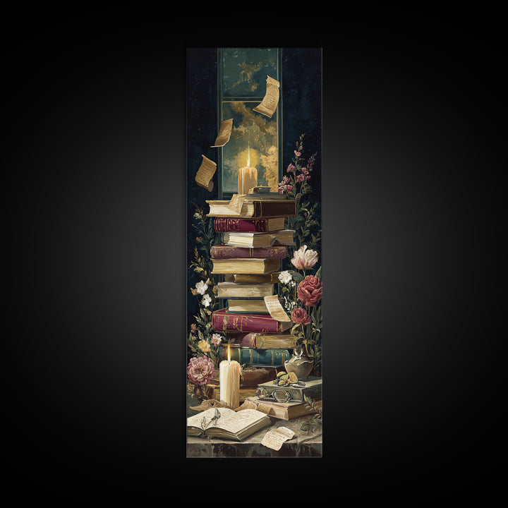 Moonlit Window with Floating Pages Framed Canvas Print, Library Art, Black Cat Art, Library Decor, Fine Art, Archive, LIB-1x3-92