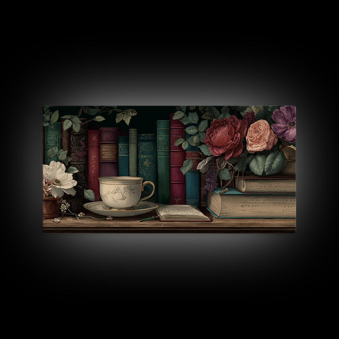 Teacup Beside a Novel and Roses Framed Canvas Print, Library Art, Contemporary Art, Library Decor, Fine Art, Archive, LIB-2x1-10