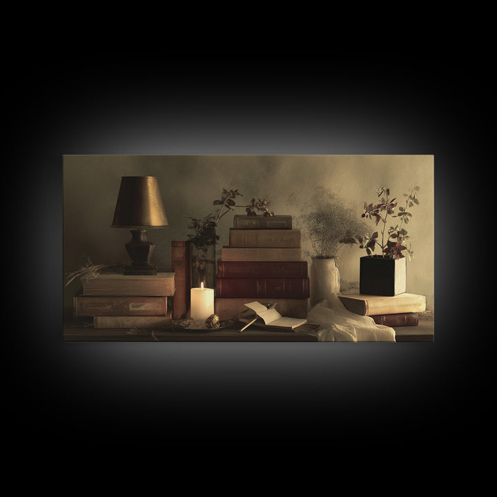 Warm Reading Lamp and Small Plant Still Canvas Print, Library Art, Printable Wall Art, Library Decor, Fine Art, Archive, LIB-2x1-17