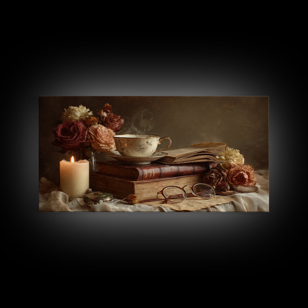 Teacup Beside a Novel and Roses Framed Canvas Print, Library Art, Contemporary Art, Library Decor, Fine Art, Archive, LIB-2x1-34