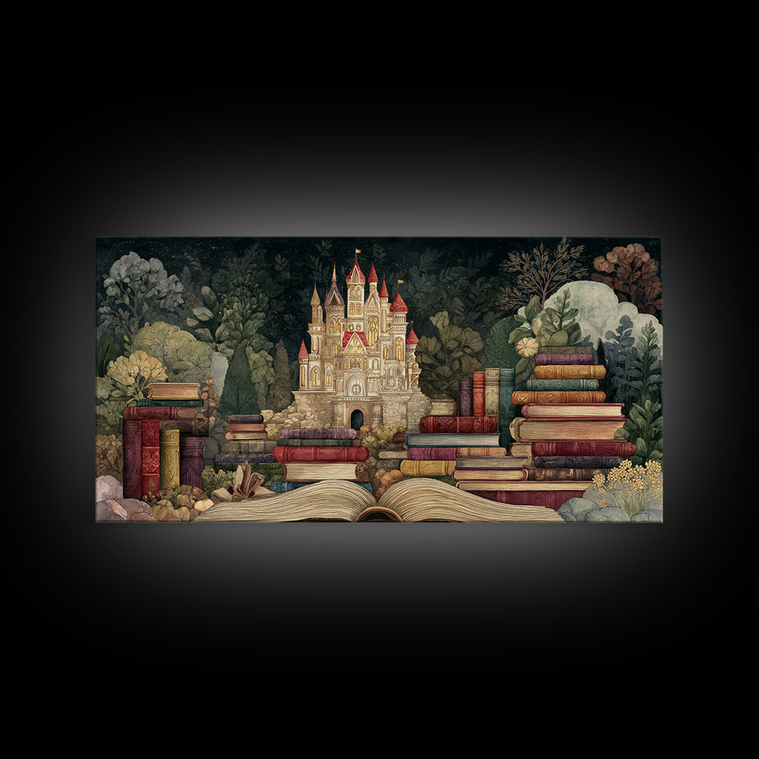 Storybook Castle Emerging from Open Book Framed Canvas Print, Library Art, Wall Art, Library Decor, Oil Painting, Archive, LIB-2x1-35