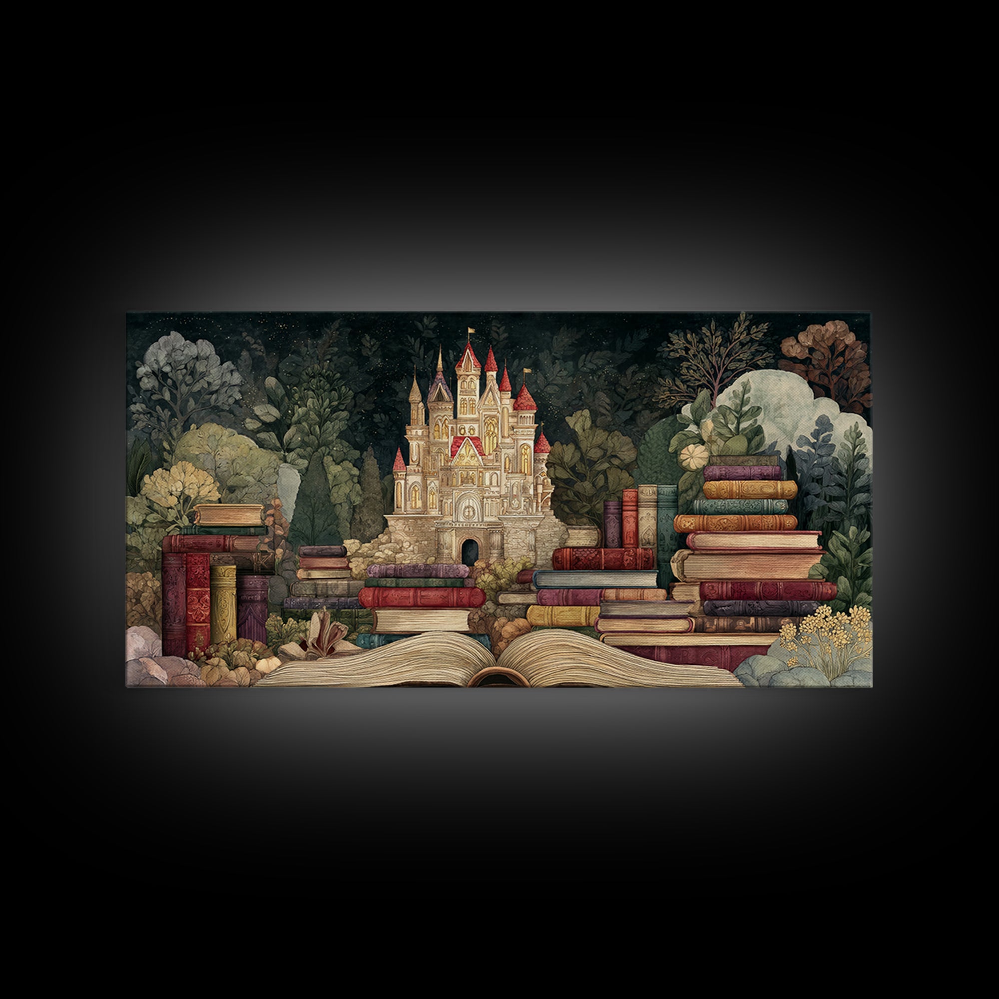 Storybook Castle Emerging from Open Book Framed Canvas Print, Library Art, Wall Art, Library Decor, Oil Painting, Archive, LIB-2x1-35