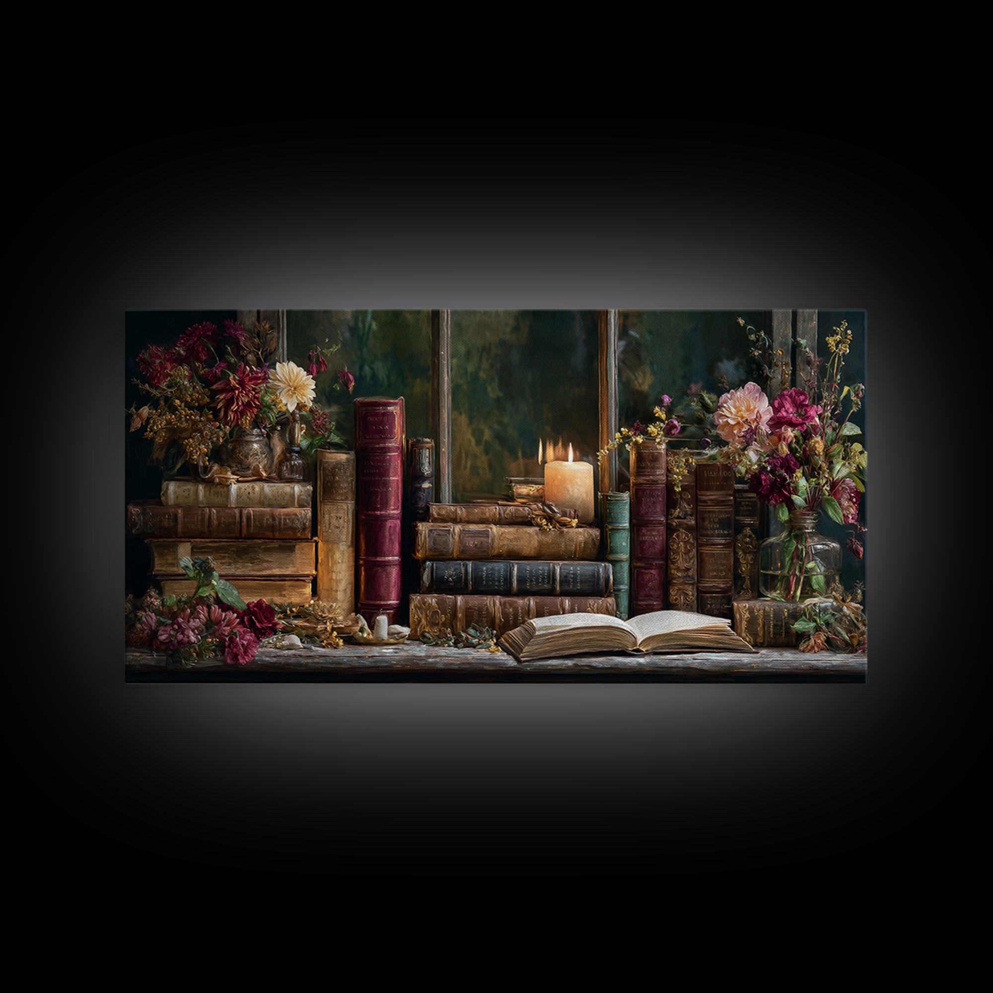 Old Books Stacked Framed Canvas Print, Library Art, Watercolor Painting, Library Decor, Oil Painting, Archive, Black Cat Art, LIB-2x1-45