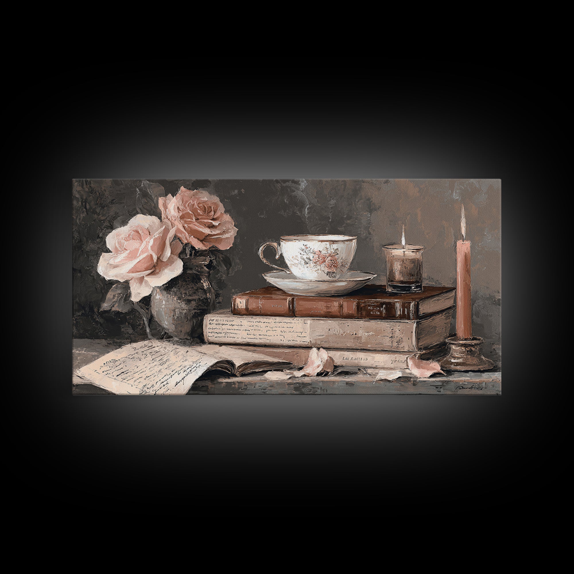 Teacup Beside a Novel and Roses Canvas Print, Library Art, Digital Art, Library Decor, Fine Art, Archive, Watercolor Art, LIB-2x1-58