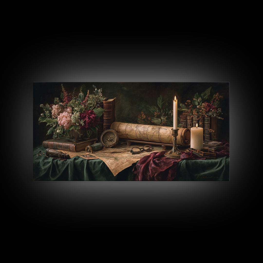 Map and Compass on Leather Bound Atlas Framed Canvas Print, Library Art, Gothic Home Decor, Library Decor, Oil Painting, LIB-2x1-60