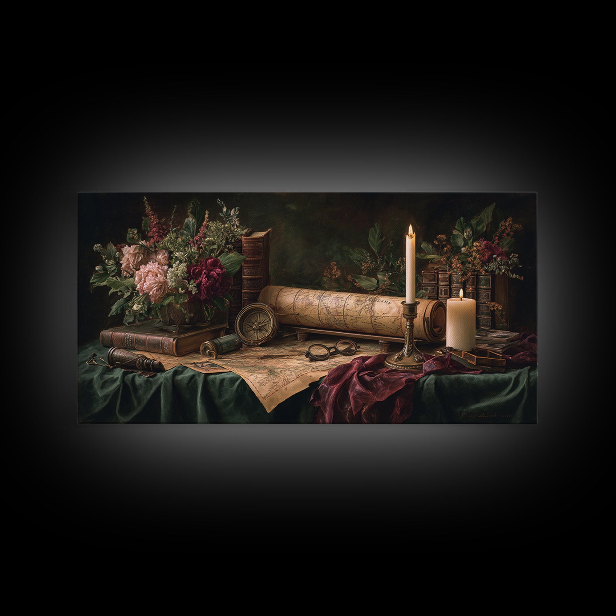 Map and Compass on Leather Bound Atlas Framed Canvas Print, Library Art, Gothic Home Decor, Library Decor, Oil Painting, LIB-2x1-60