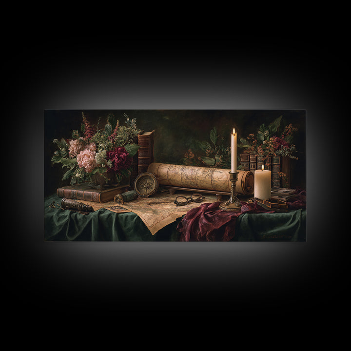Map and Compass on Leather Bound Atlas Framed Canvas Print, Library Art, Gothic Home Decor, Library Decor, Oil Painting, LIB-2x1-60