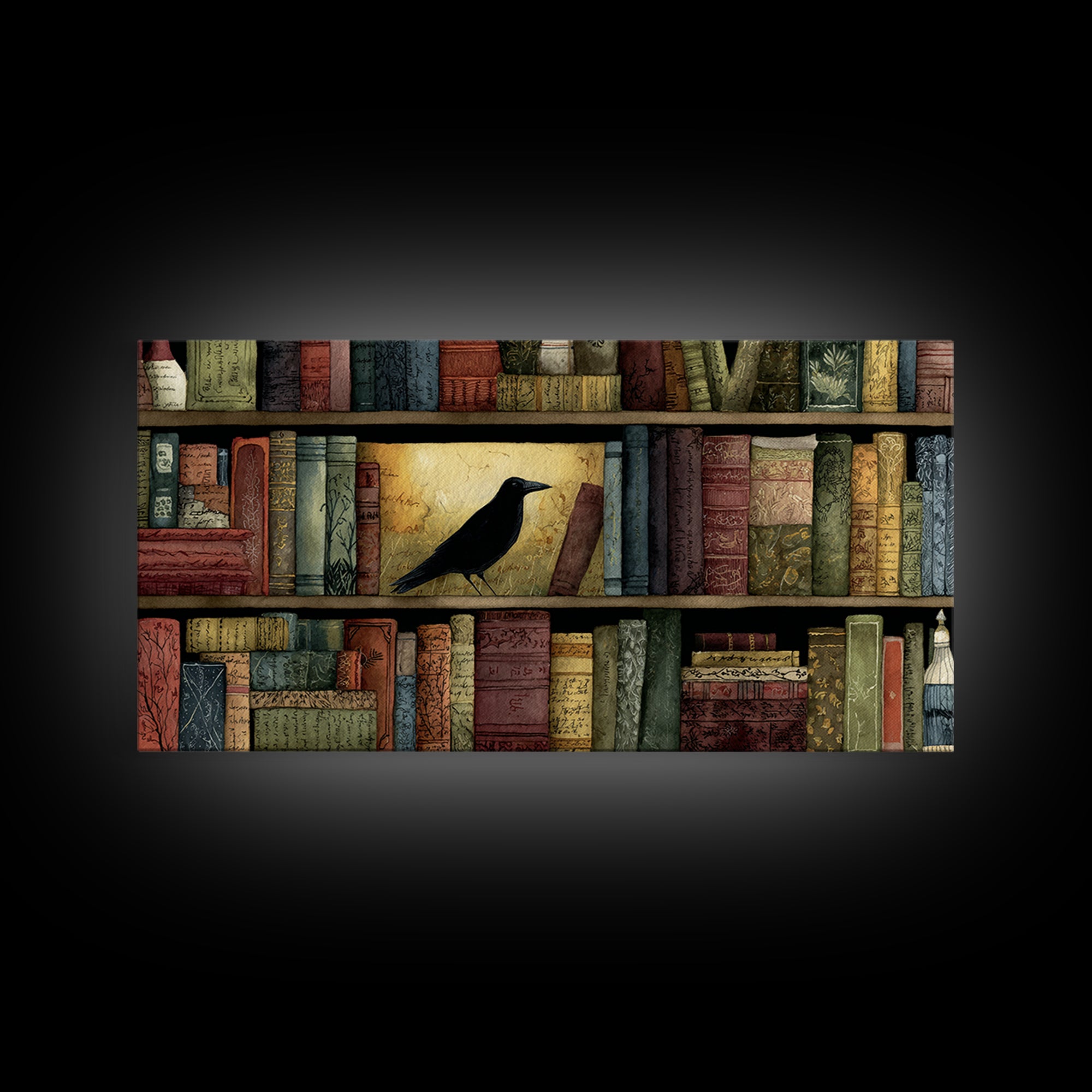 Black Raven Perched on Closed Book Canvas Print, Library Art, Library Decor, Watercolor Art, Archive, Unique Wall Art, LIB-2x1-66