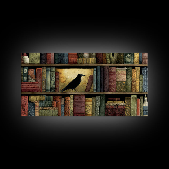 Black Raven Perched on Closed Book Canvas Print, Library Art, Library Decor, Watercolor Art, Archive, Unique Wall Art, LIB-2x1-66