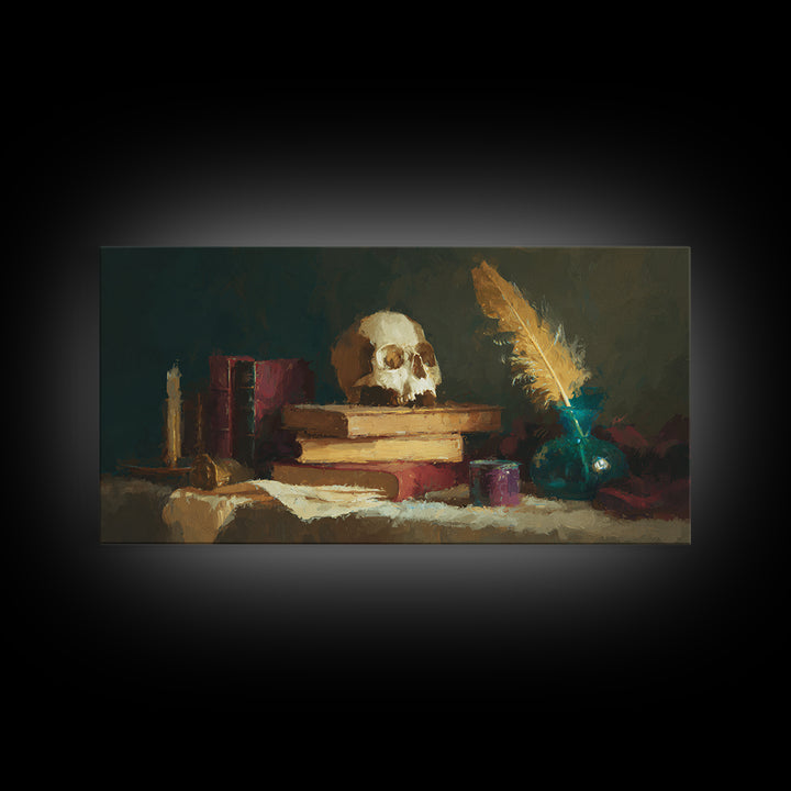 Dark Academia Skull Book and Quill Still Canvas Print, Library Art, Unique Wall Art, Library Decor, Fine Art, Archive, LIB-2x1-73