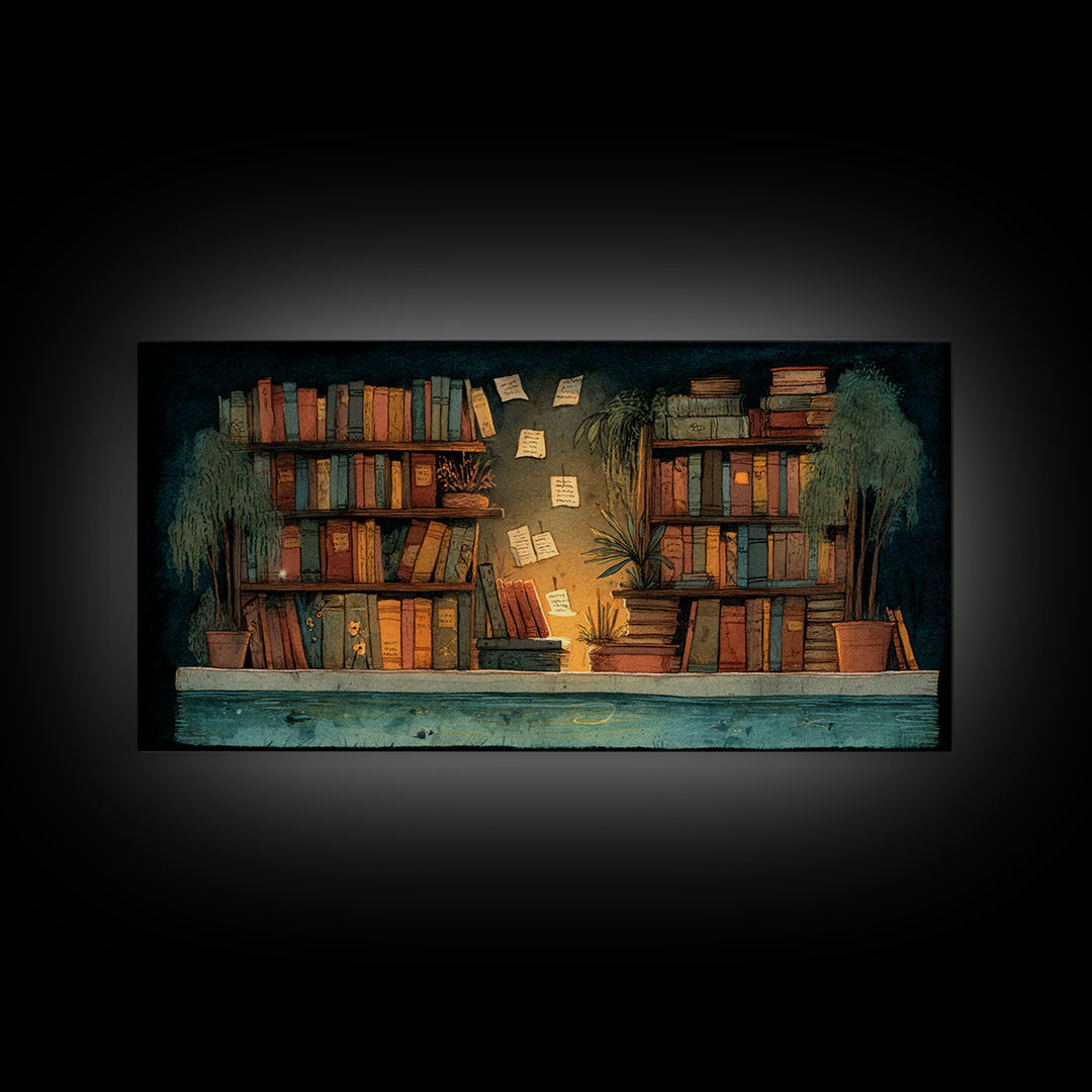 Moonlit Window with Floating Pages Canvas Print, Library Art, Gothic Wall Art, Library Decor, Archive, Bookish Wall Art, LIB-2x1-76