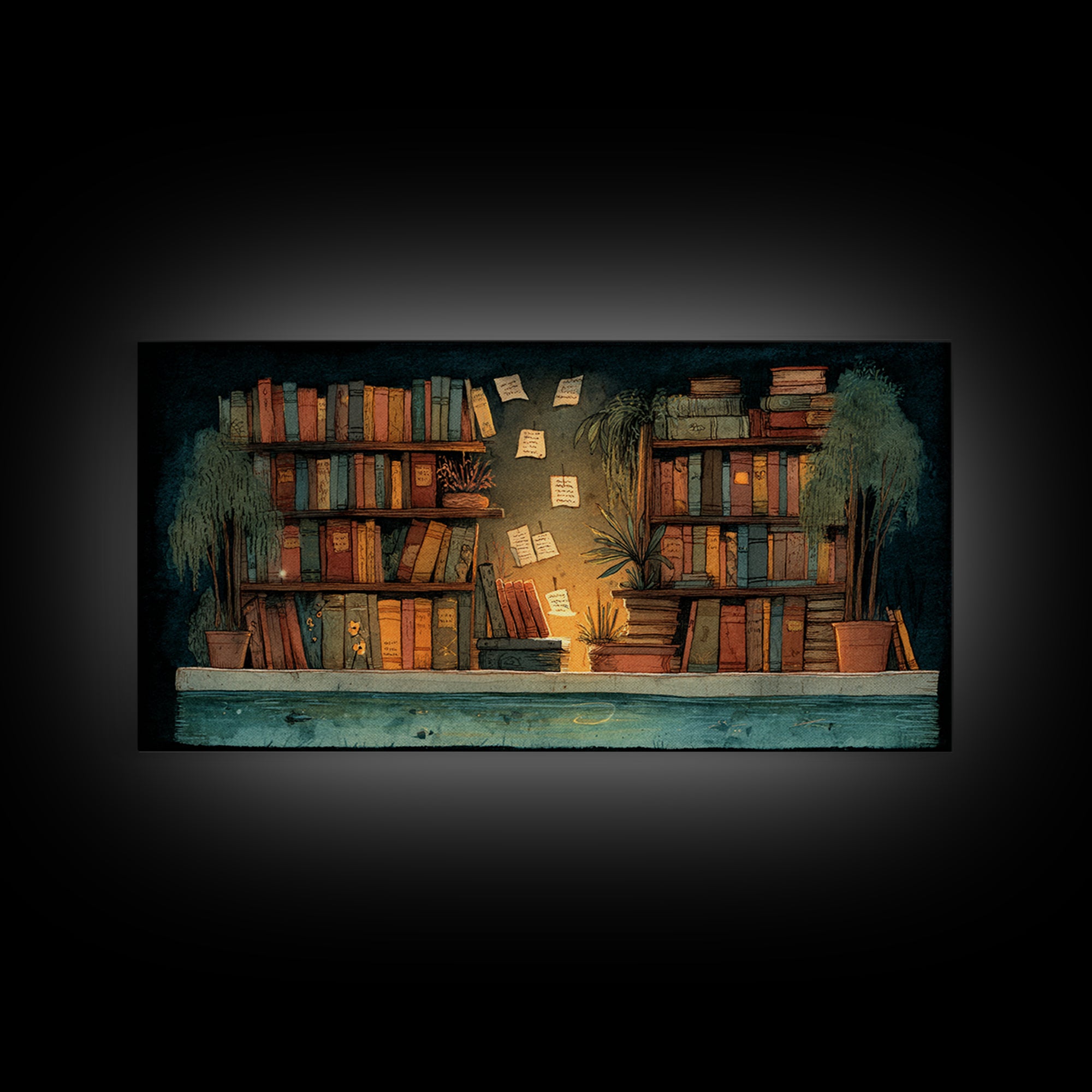 Moonlit Window with Floating Pages Canvas Print, Library Art, Gothic Wall Art, Library Decor, Archive, Bookish Wall Art, LIB-2x1-76