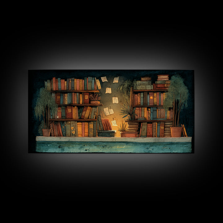 Moonlit Window with Floating Pages Canvas Print, Library Art, Gothic Wall Art, Library Decor, Archive, Bookish Wall Art, LIB-2x1-76