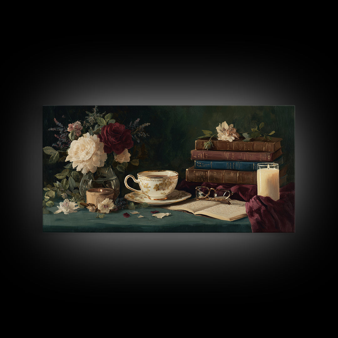 Teacup Beside a Novel and Roses Canvas Print, Library Art, Digital Art, Library Decor, Fine Art, Archive, Watercolor Art, LIB-2x1-82