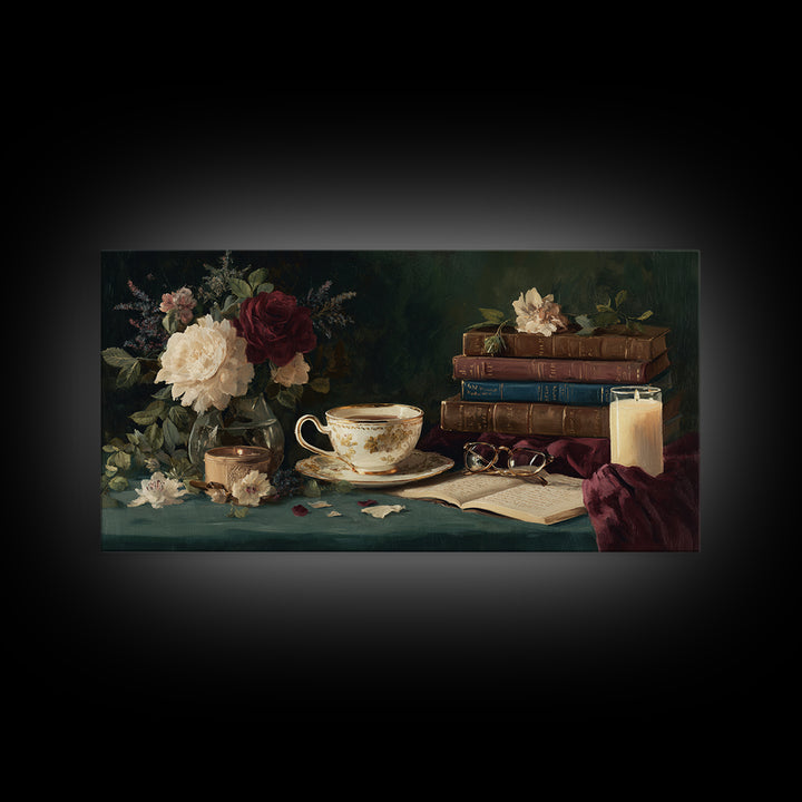 Teacup Beside a Novel and Roses Canvas Print, Library Art, Digital Art, Library Decor, Fine Art, Archive, Watercolor Art, LIB-2x1-82