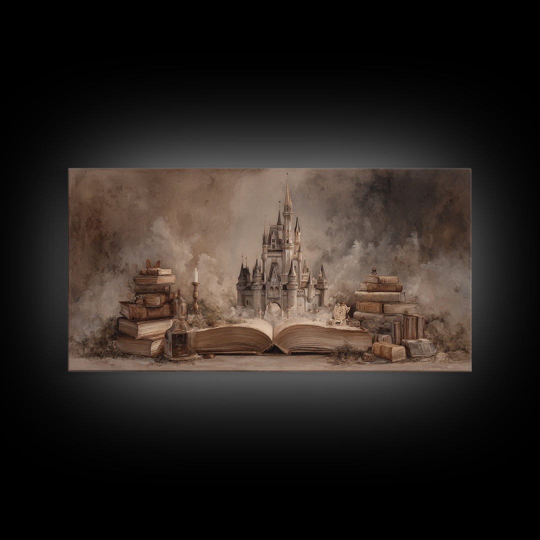 Storybook Castle Emerging from Open Book Framed Canvas Print, Library Art, Painting, Library Decor, Fine Art, Archive, LIB-2x1-83