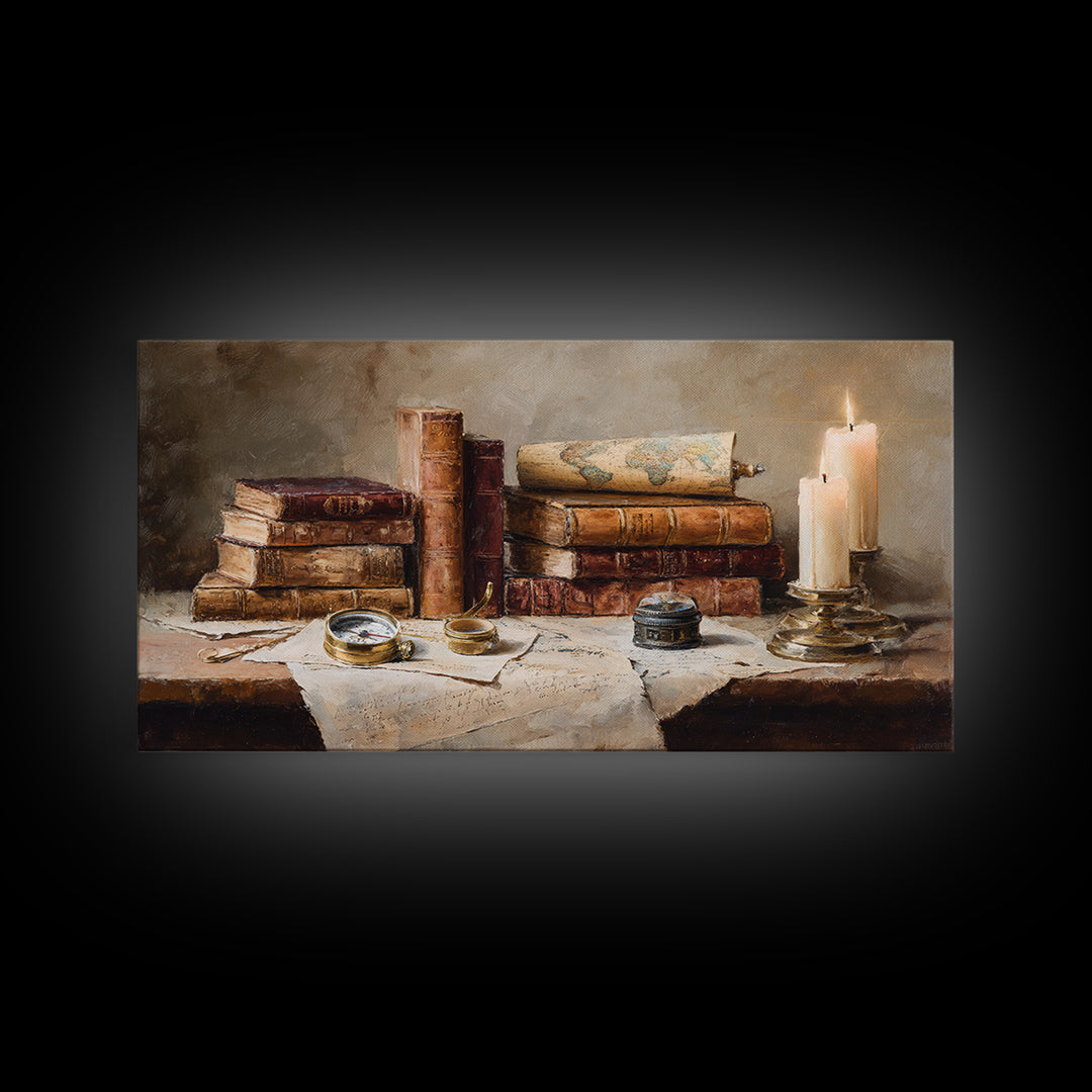 Map and Compass on Leather Bound Atlas Framed Canvas Print, Library Art, Moody Wall Art, Library Decor, Fine Art, Archive, LIB-2x1-84