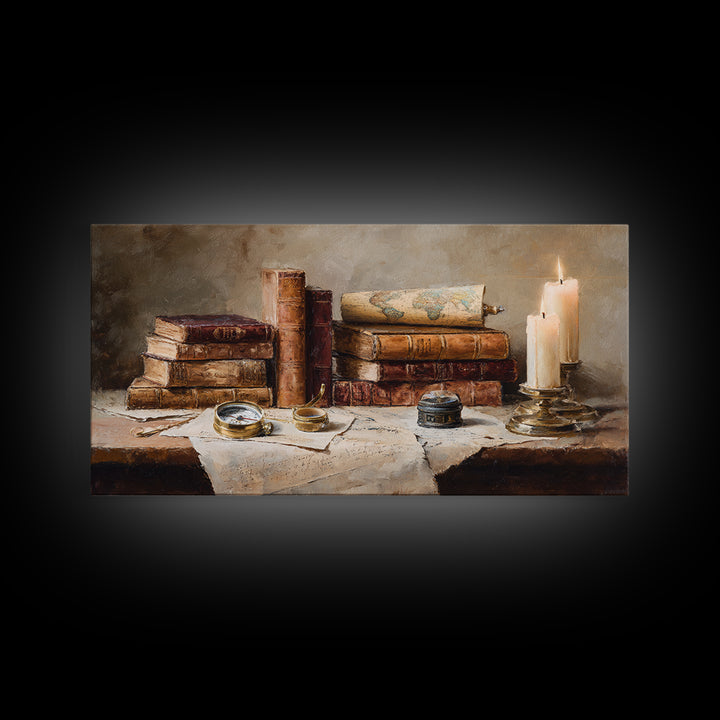 Map and Compass on Leather Bound Atlas Framed Canvas Print, Library Art, Moody Wall Art, Library Decor, Fine Art, Archive, LIB-2x1-84