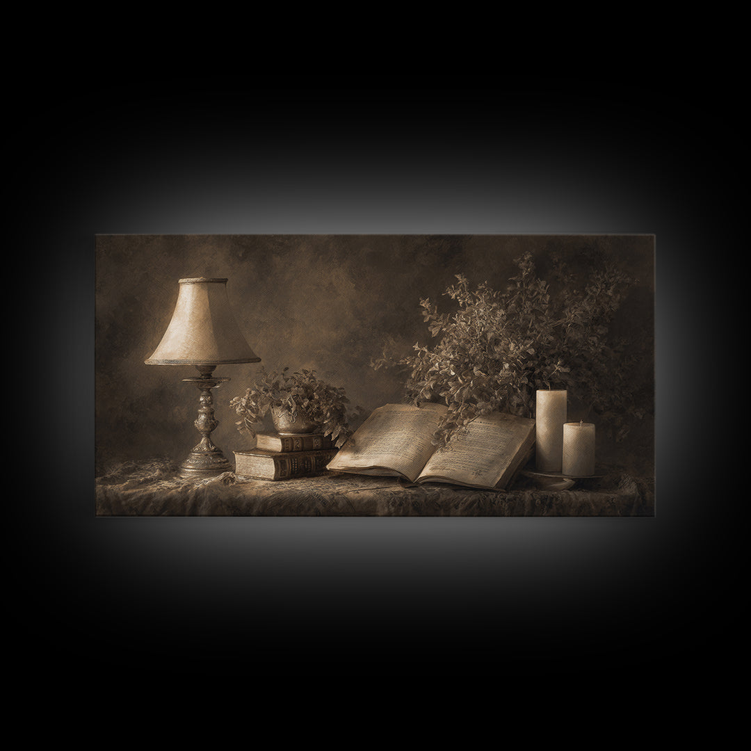 Warm Reading Lamp and Small Plant Still Canvas Print, Library Art, Watercolor Art, Library Decor, Archive, Halloween Wall Art, LIB-2x1-89