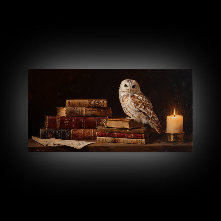 Owl Perched on a Pile of Antique Canvas Print, Library Art, Printable Art, Library Decor, Fine Art, Archive, Bookish Decor, LIB-2x1-94