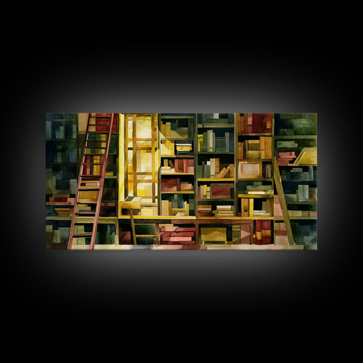 Rolling Library Ladder Framed Canvas Print, Library Art, Neutral Decor, Library Decor, Fine Art, Archive, Home Decor, LIB-2x1-95