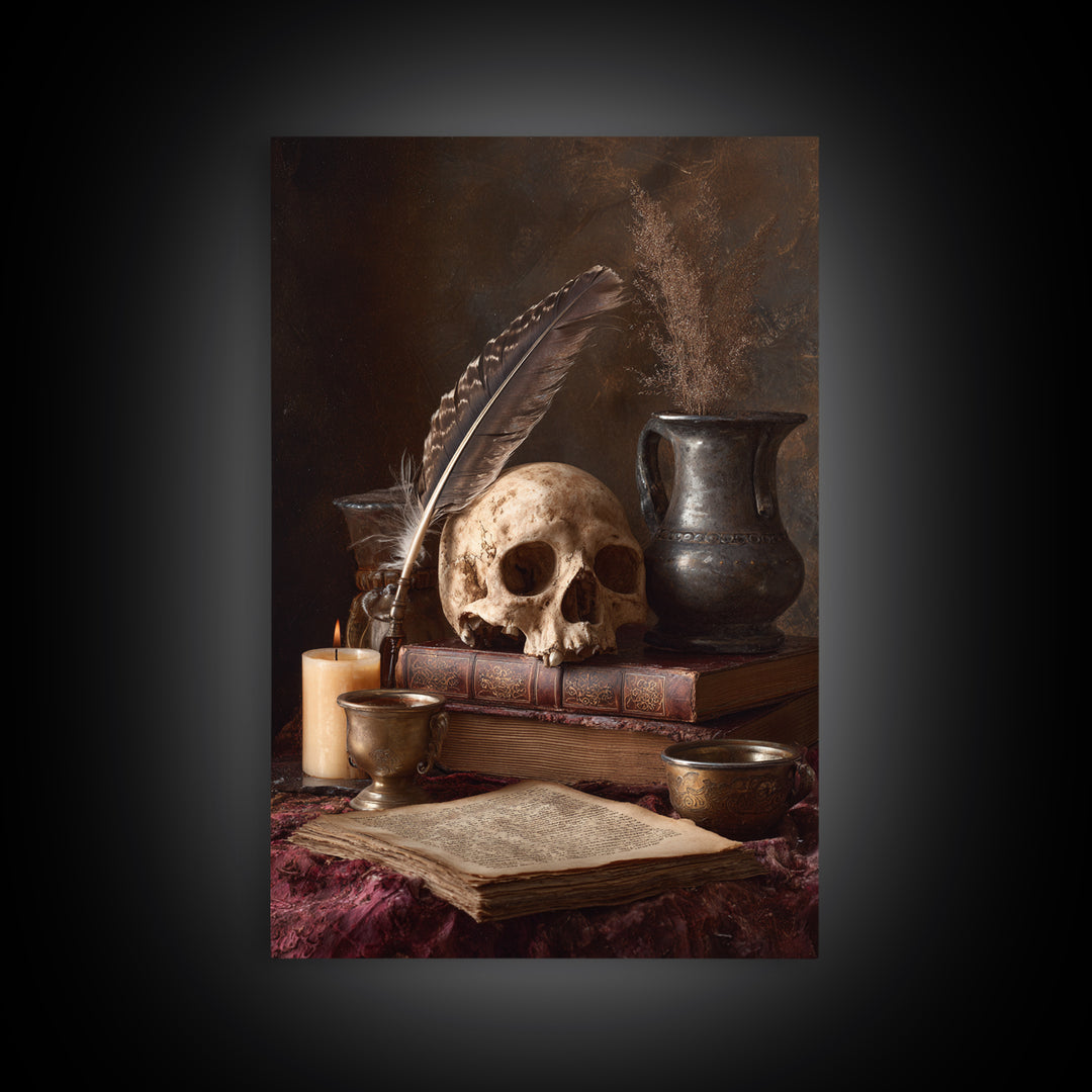 Dark Academia Skull Book and Quill Still Framed Canvas Print, Library Art, Dark Academia Decor, Library Decor, Archive, LIB-2x3-13