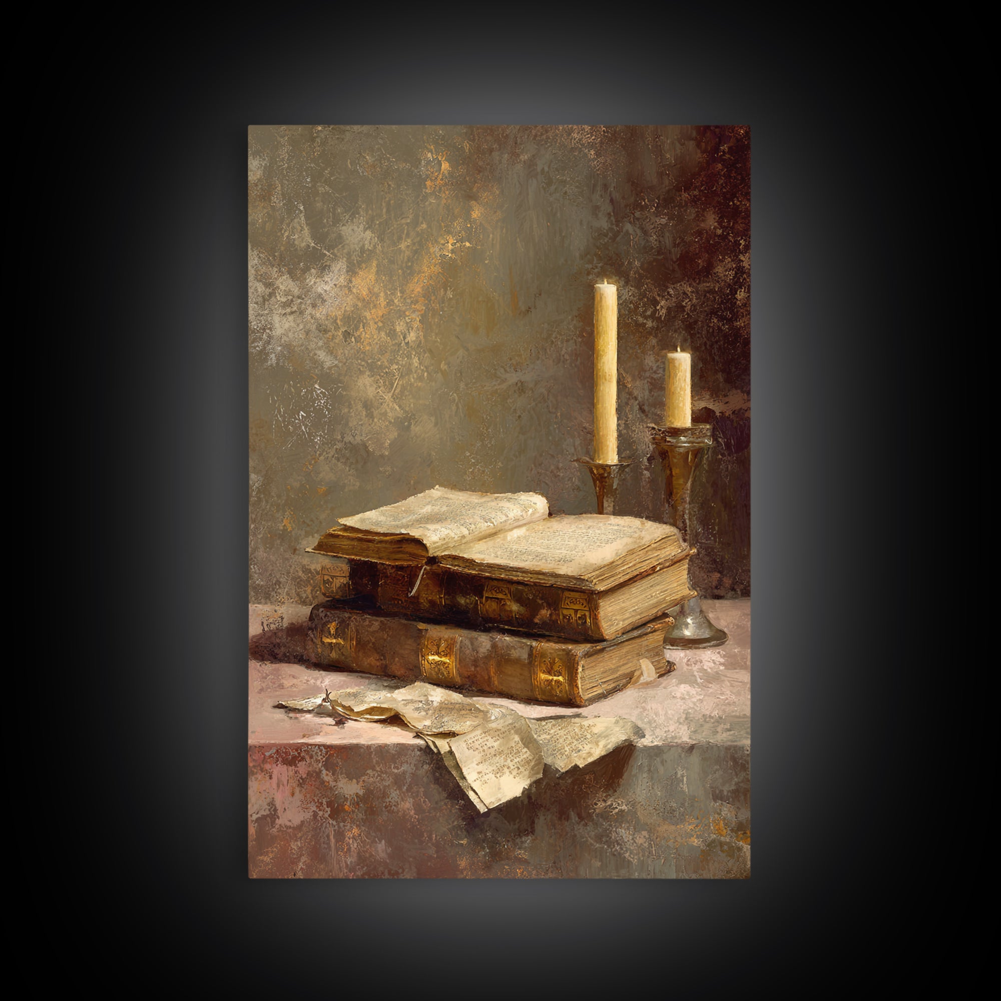 Ancient Book with Brass Clasps Framed Canvas Print, Library Art, Gothic Home Decor, Library Decor, Oil Painting, Archive, LIB-2x3-21