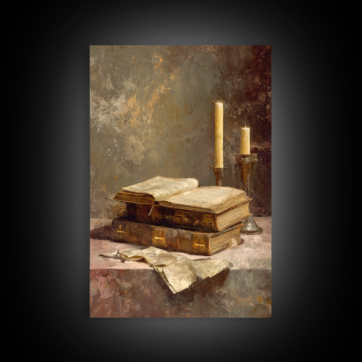Ancient Book with Brass Clasps Framed Canvas Print, Library Art, Gothic Home Decor, Library Decor, Oil Painting, Archive, LIB-2x3-21