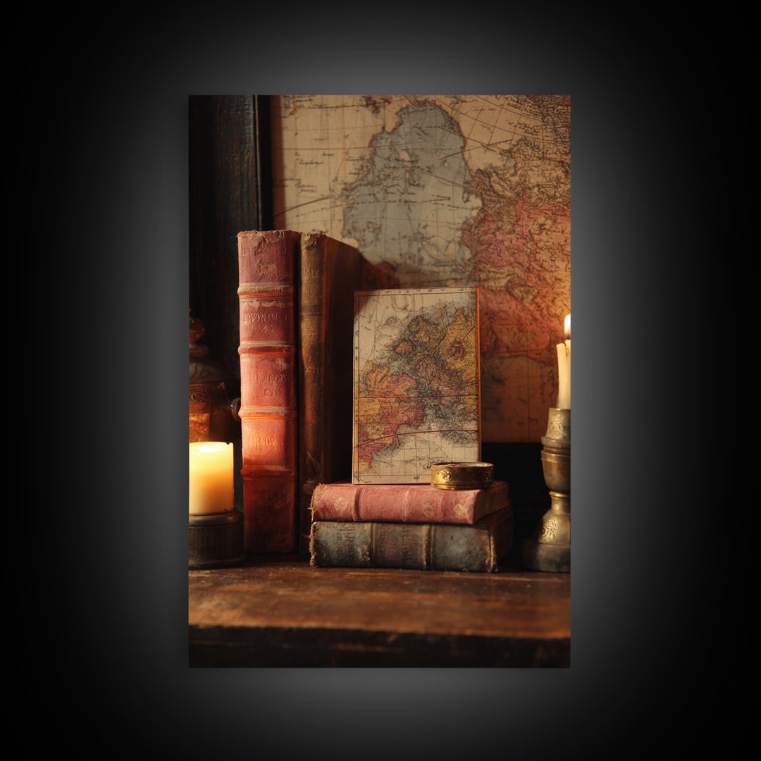 Map and Compass on Leather Bound Atlas Framed Canvas Print, Library Art, Modern Decor, Library Decor, Fine Art, Archive, LIB-2x3-24