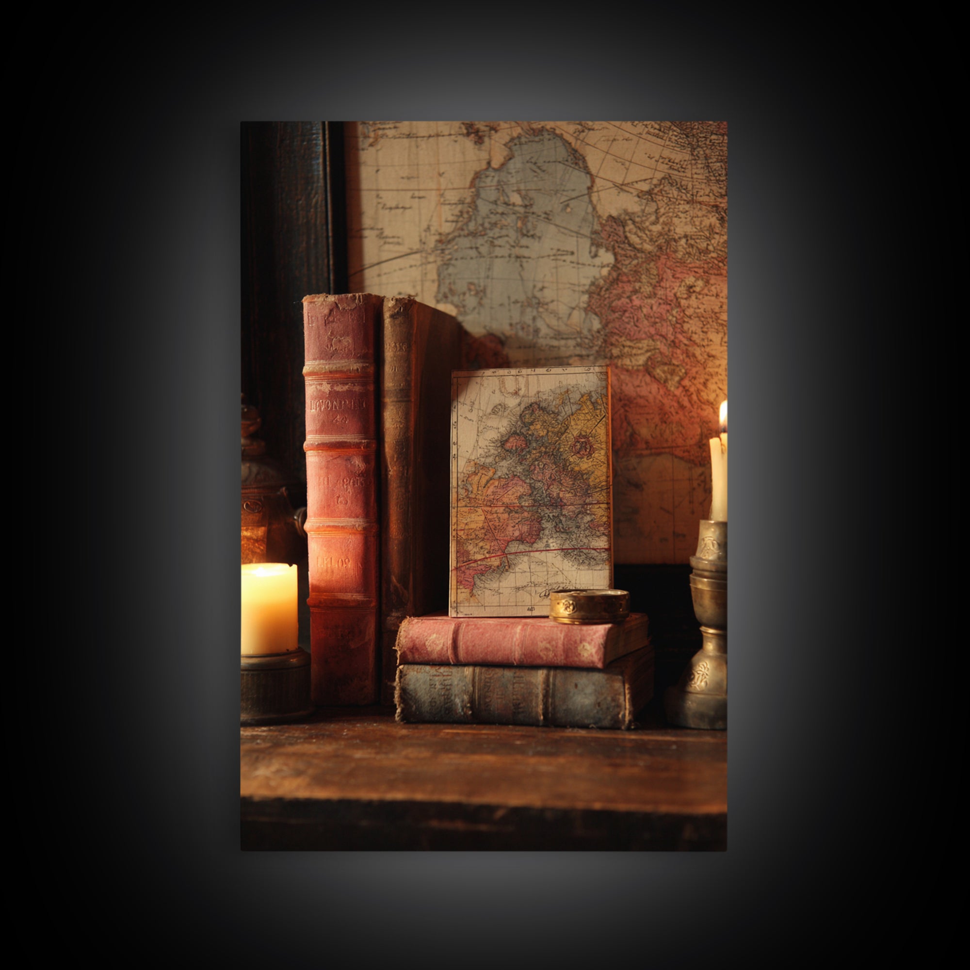 Map and Compass on Leather Bound Atlas Framed Canvas Print, Library Art, Modern Decor, Library Decor, Fine Art, Archive, LIB-2x3-24