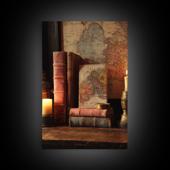 Map and Compass on Leather Bound Atlas Framed Canvas Print, Library Art, Modern Decor, Library Decor, Fine Art, Archive, LIB-2x3-24