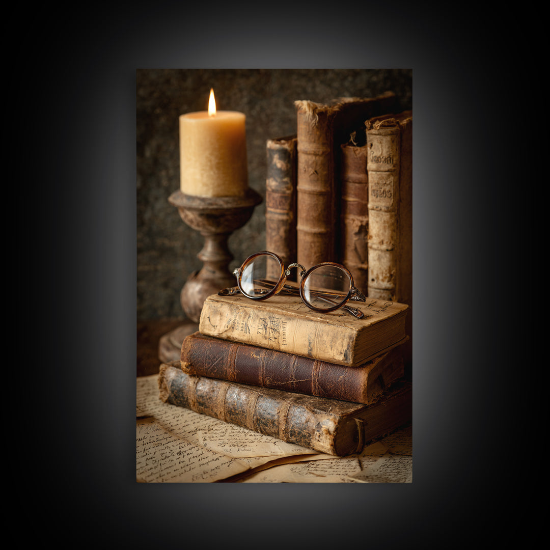 Antique Spectacles on a Manuscript Framed Canvas Print, Library Art, Whimsical Art, Library Decor, Fine Art, Archive, LIB-2x3-28