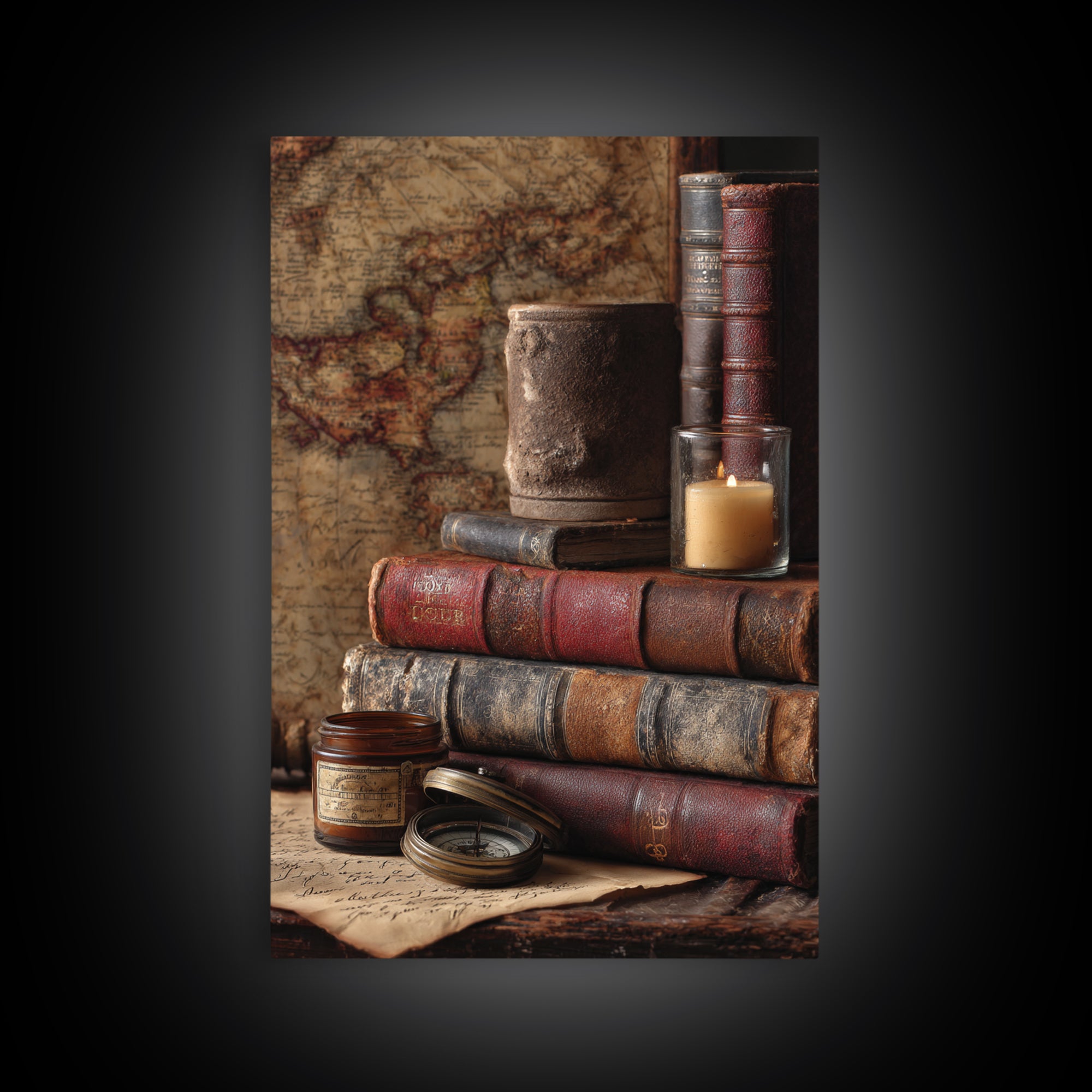 Map and Compass on Leather Bound Atlas Canvas Print, Library Art, Gothic Home Decor, Library Decor, Oil Painting, Archive, LIB-2x3-72