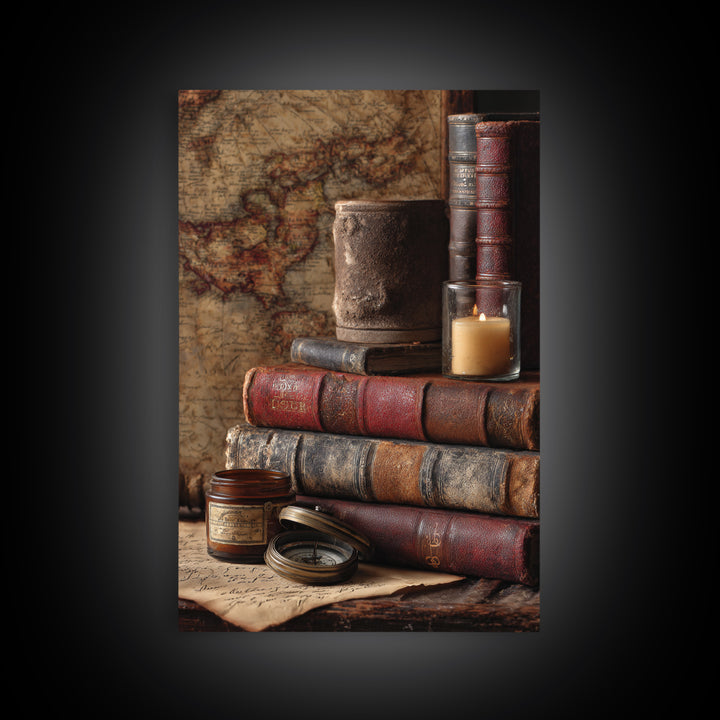 Map and Compass on Leather Bound Atlas Canvas Print, Library Art, Gothic Home Decor, Library Decor, Oil Painting, Archive, LIB-2x3-72
