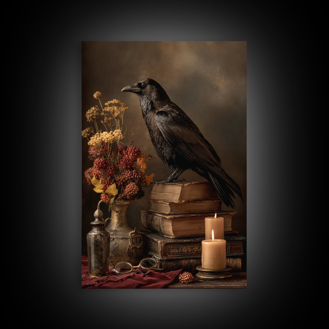 Black Raven Perched on Closed Book Framed Canvas Print, Library Art, Living Room Decor, Library Decor, Fine Art, Archive, LIB-2x3-78