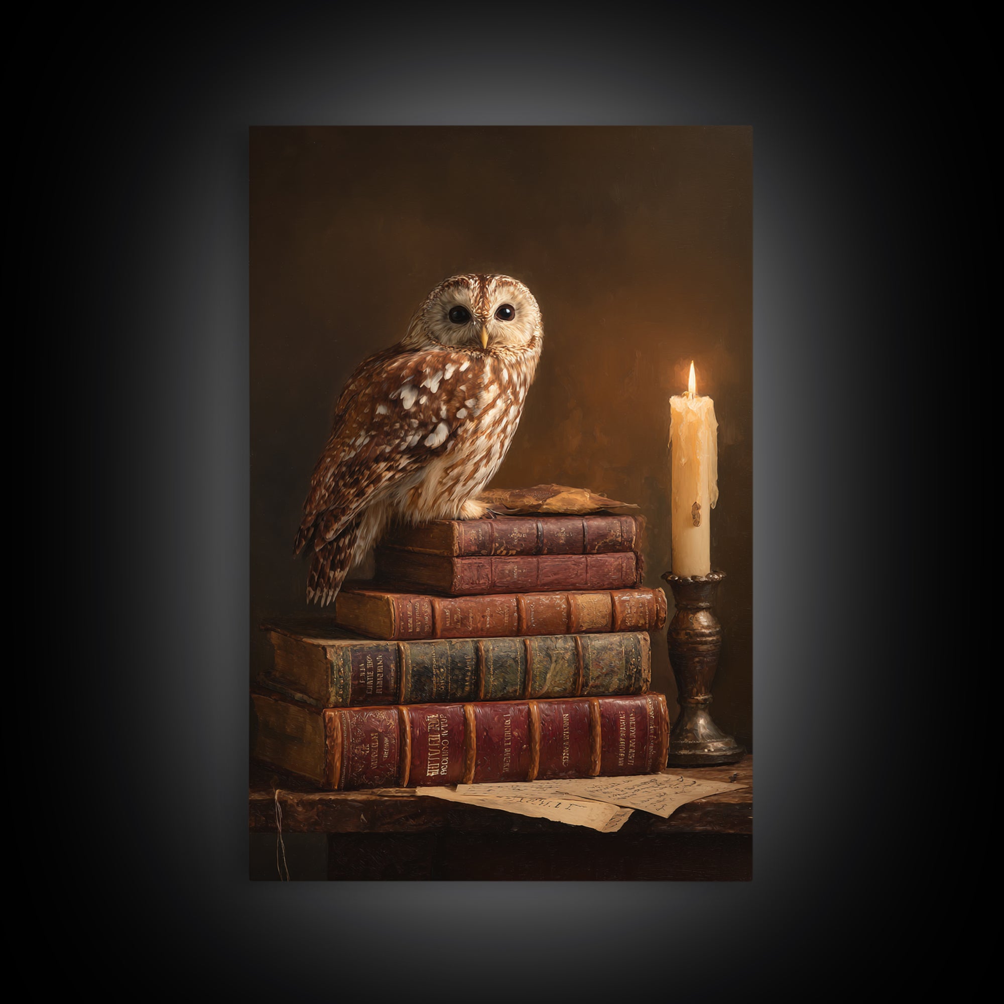 Owl Perched on a Pile of Antique Canvas Print, Library Art, Dark Academia Decor, Library Decor, Archive, Botanical Art, LIB-2x3-82