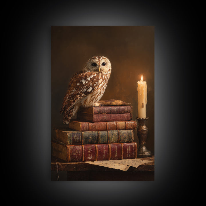 Owl Perched on a Pile of Antique Canvas Print, Library Art, Dark Academia Decor, Library Decor, Archive, Botanical Art, LIB-2x3-82