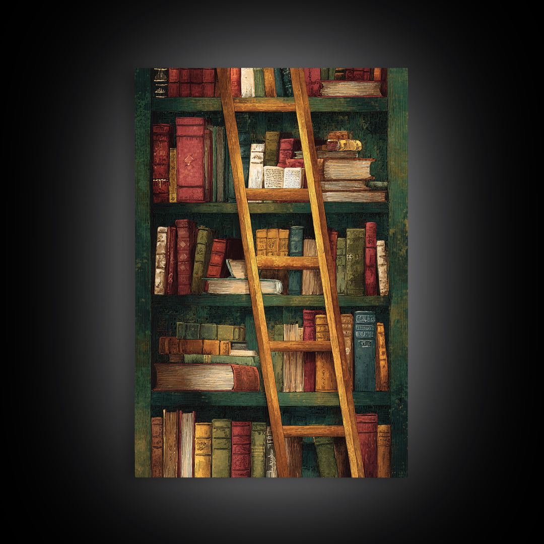 Rolling Library Ladder Framed Canvas Print, Library Art, Dark Academia Art, Library Decor, Abstract Art, Archive, Room Decor, LIB-2x3-83
