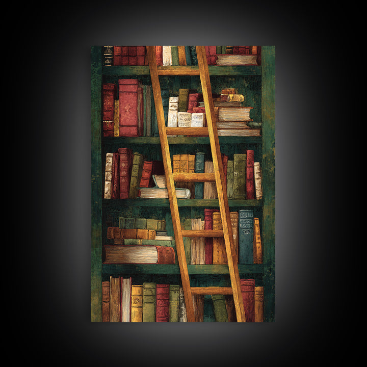 Rolling Library Ladder Framed Canvas Print, Library Art, Dark Academia Art, Library Decor, Abstract Art, Archive, Room Decor, LIB-2x3-83
