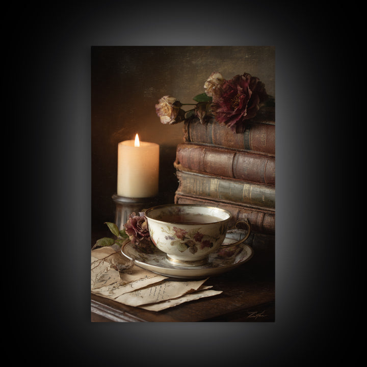Teacup Beside a Novel and Roses Framed Canvas Print, Library Art, Unique Wall Art, Library Decor, Archive, Dark Academia Art, LIB-2x3-94