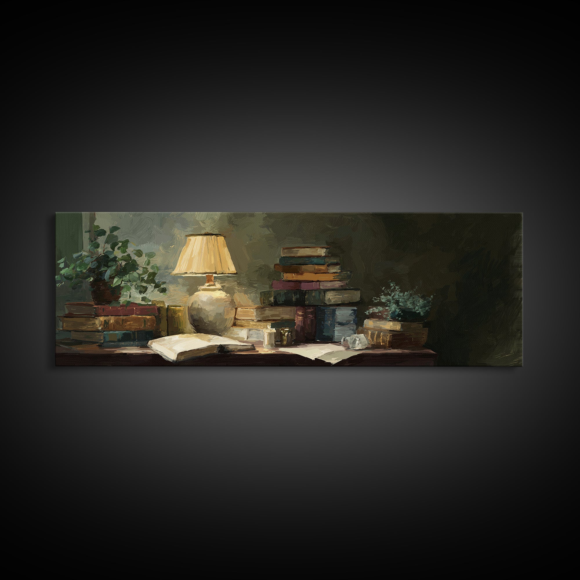 Warm Reading Lamp and Small Plant Still Canvas Print, Library Art, Watercolor Art, Library Decor, Archive, Halloween Wall Art, LIB-3x1-13