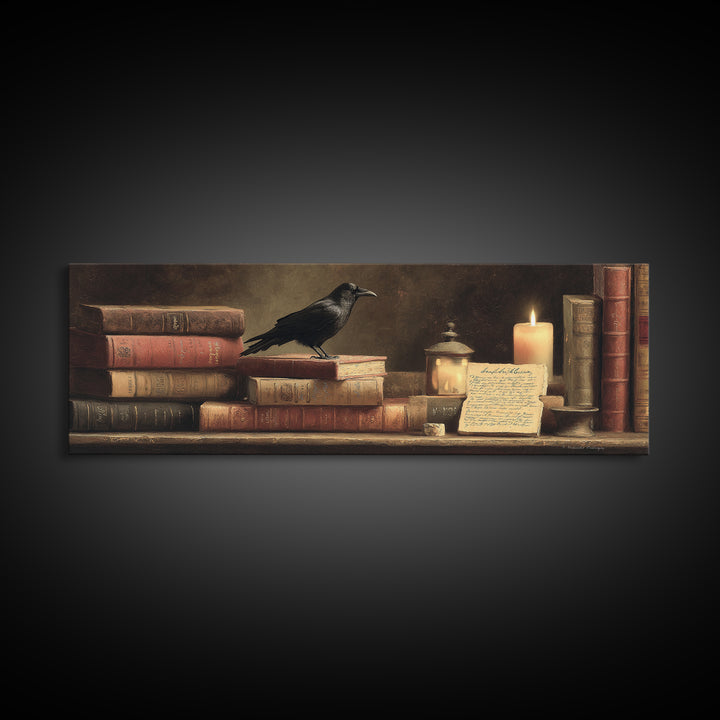 Black Raven Perched on Closed Book Canvas Print, Library Art, Modern Decor, Library Decor, Fine Art, Archive, Wall Decor, LIB-3x1-14