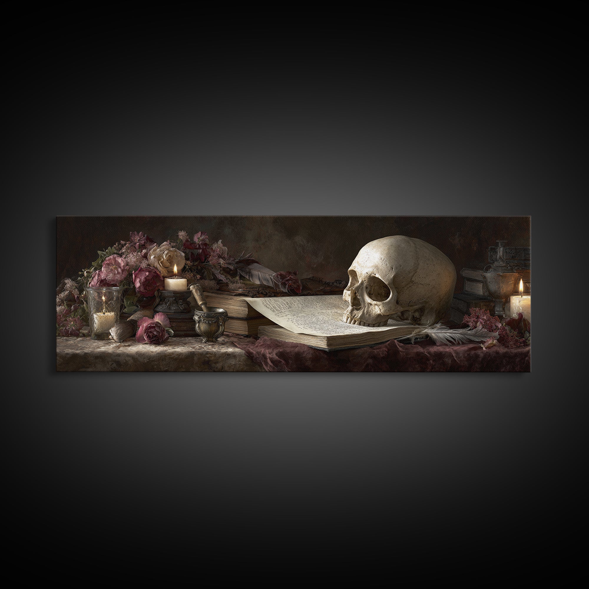 Dark Academia Skull Book and Quill Still Canvas Print, Library Art, Black Cat Art, Library Decor, Archive, Luxury Decor, LIB-3x1-21