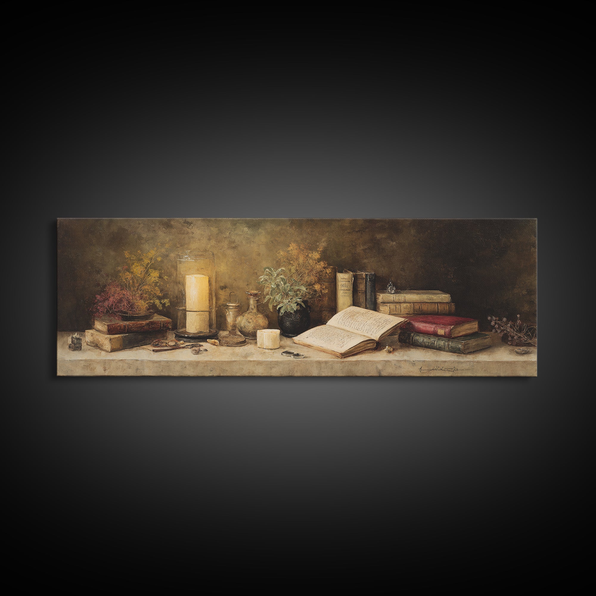 Warm Reading Lamp and Small Plant Still Framed Canvas Print, Library Art, Botanical Art, Library Decor, Watercolor Art, Archive, LIB-3x1-37