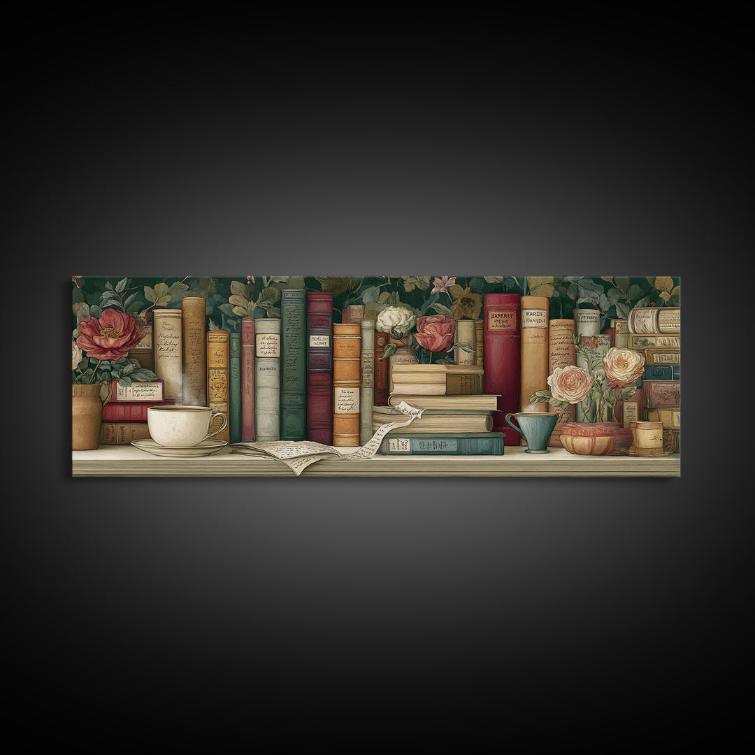 Teacup Beside a Novel and Roses Canvas Print, Library Art, Gothic Wall Decor, Library Decor, Fine Art, Archive, LIB-3x1-54