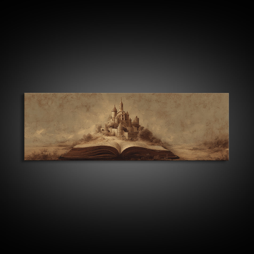 Storybook Castle Emerging from Open Book Framed Canvas Print, Library Art, Painting, Library Decor, Fine Art, Archive, LIB-3x1-55