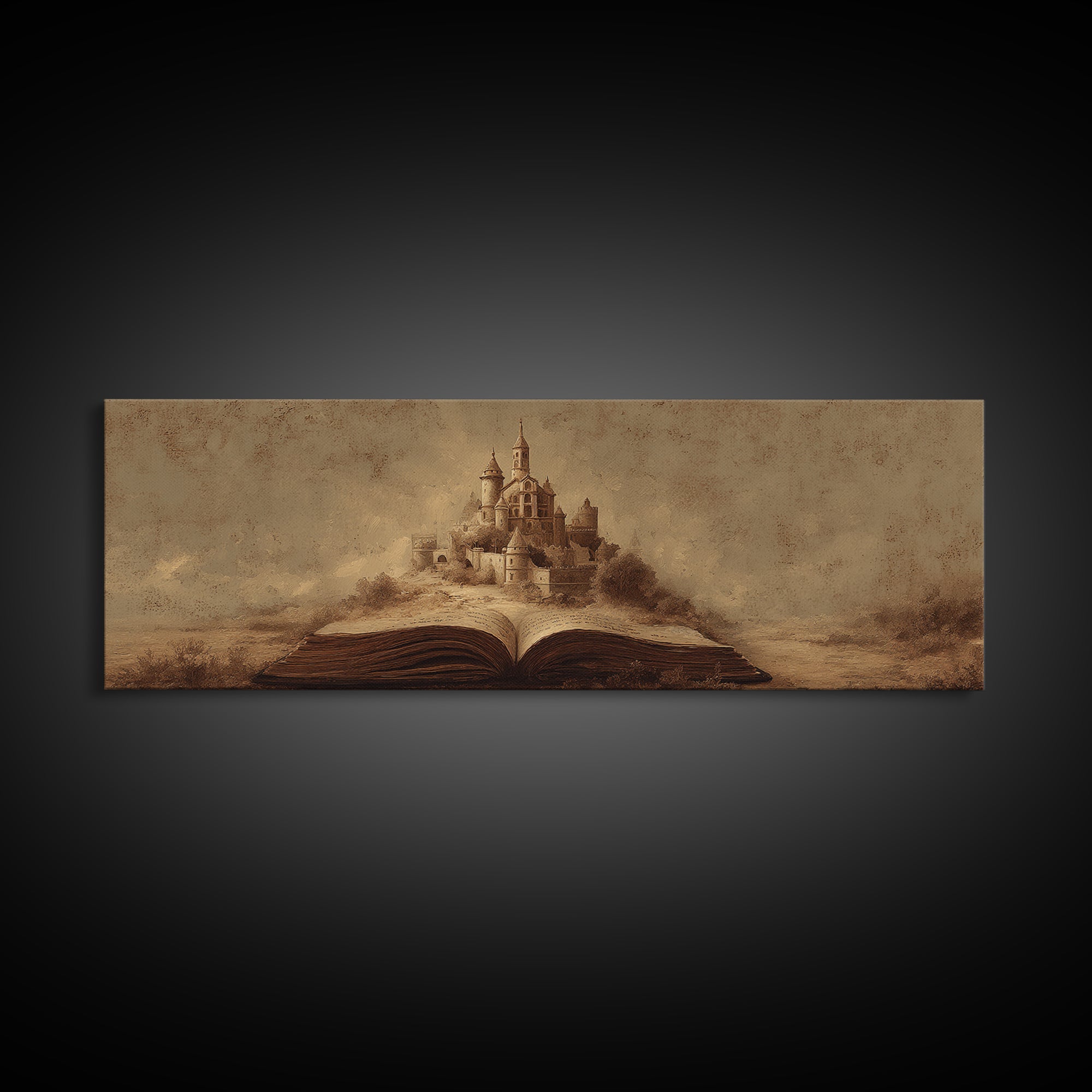 Storybook Castle Emerging from Open Book Framed Canvas Print, Library Art, Painting, Library Decor, Fine Art, Archive, LIB-3x1-55