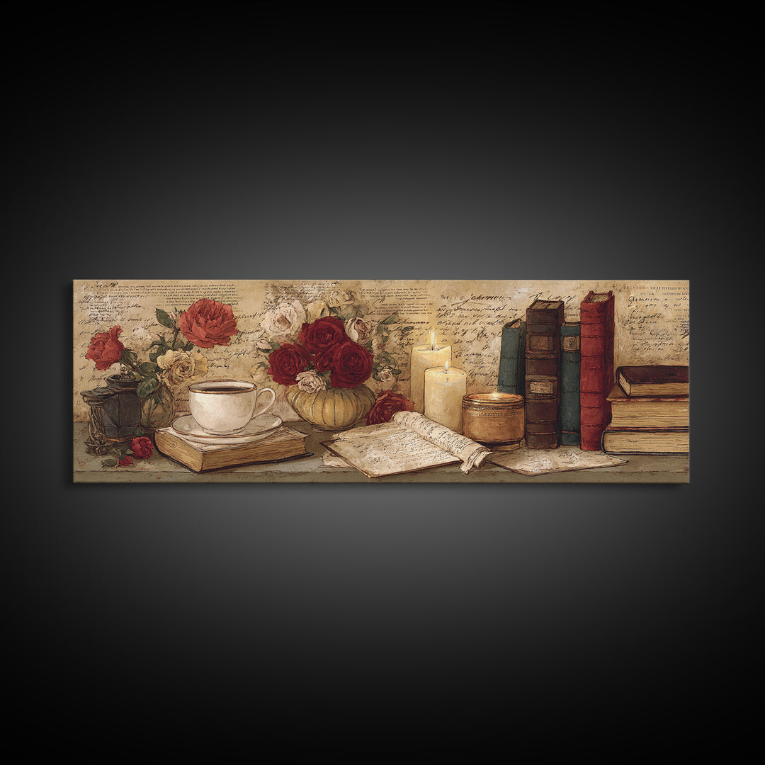 Teacup Beside a Novel and Roses Canvas Print, Library Art, Black Cat Art, Library Decor, Fine Art, Archive, Luxury Decor, LIB-3x1-6