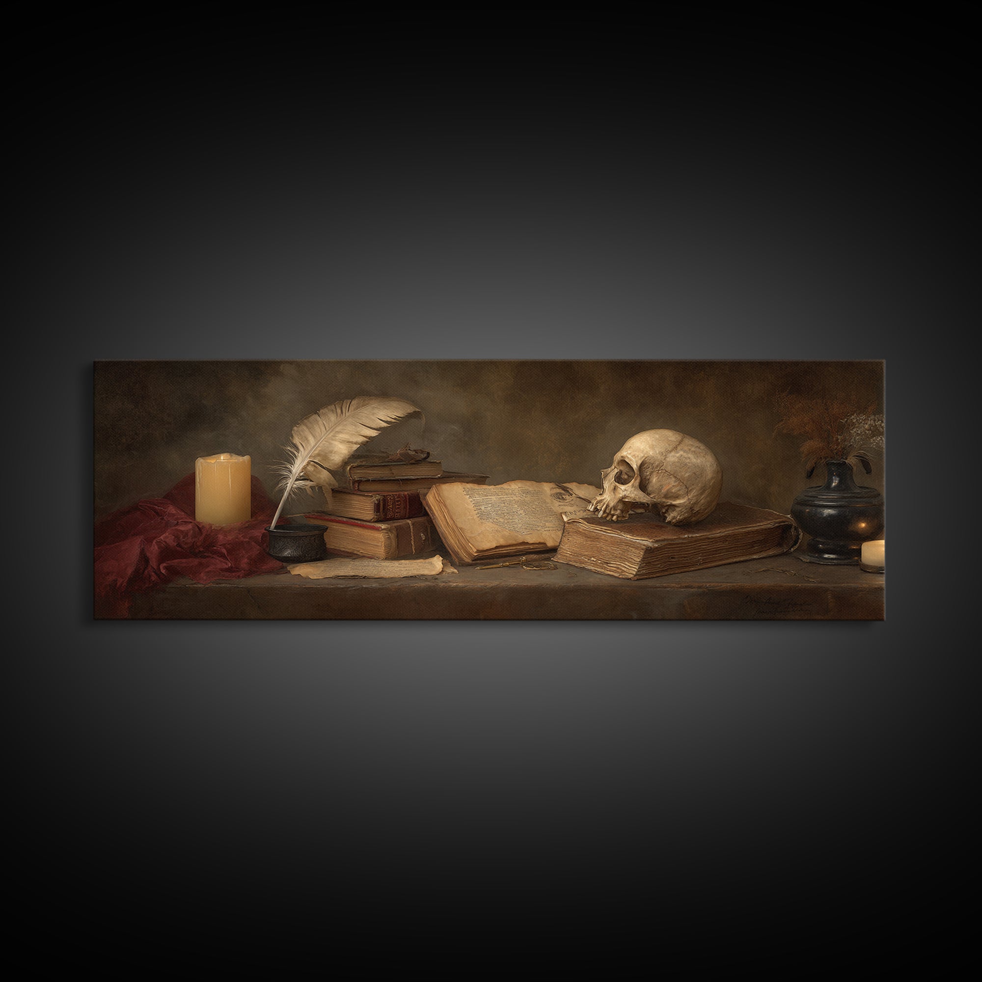 Dark Academia Skull Book and Quill Still Framed Canvas Print, Library Art, Gallery Decor, Library Decor, Fine Art, Archive, LIB-3x1-69